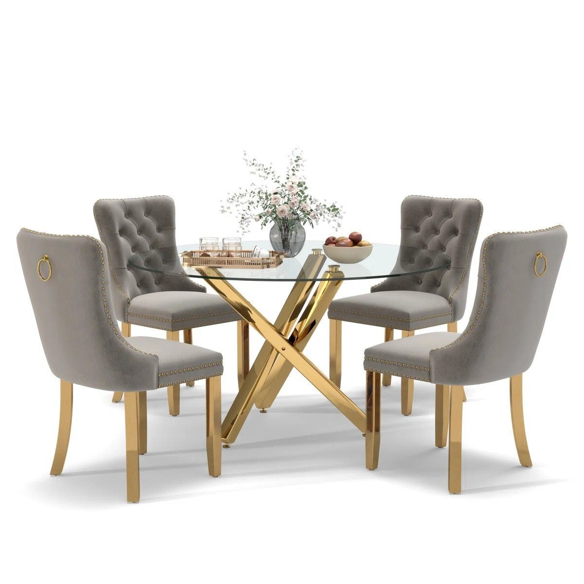 5-Piece Round Glass Dining Table Set (Gray/Gold)