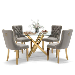5-Piece Round Glass Dining Table Set (Gray/Gold)