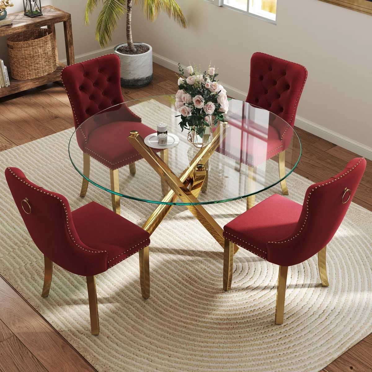5-Piece Round Glass Dining Table Set (Burgundy/Gold)