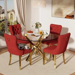 5-Piece Round Glass Dining Table Set (Burgundy/Gold)