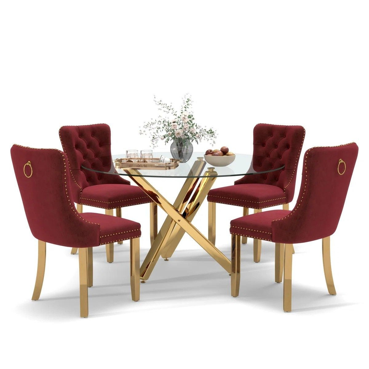 5-Piece Round Glass Dining Table Set (Burgundy/Gold)
