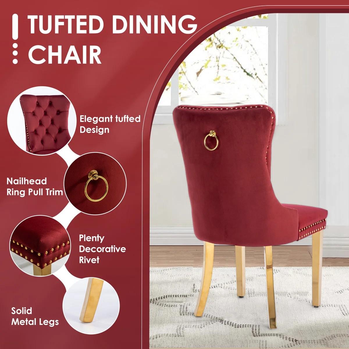 5-Piece Round Glass Dining Table Set (Burgundy/Gold)