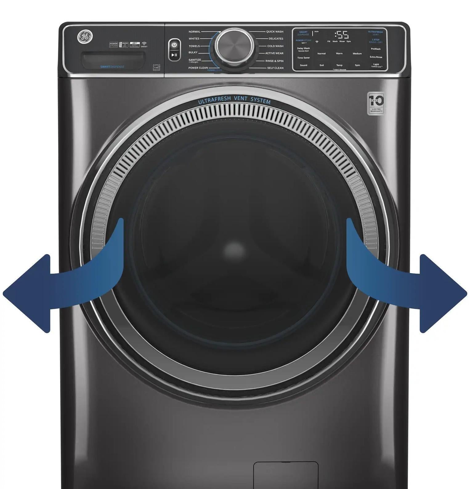 Package - GE - 5.0 Cu. Ft. Stackable Smart Front Load Washer with Steam, SmartDispense and Odorblock Ultra Fresh Vent System and 7.8 Cu. Ft. Stackable Smart Gas Dryer with Steam - Carbon Graphite