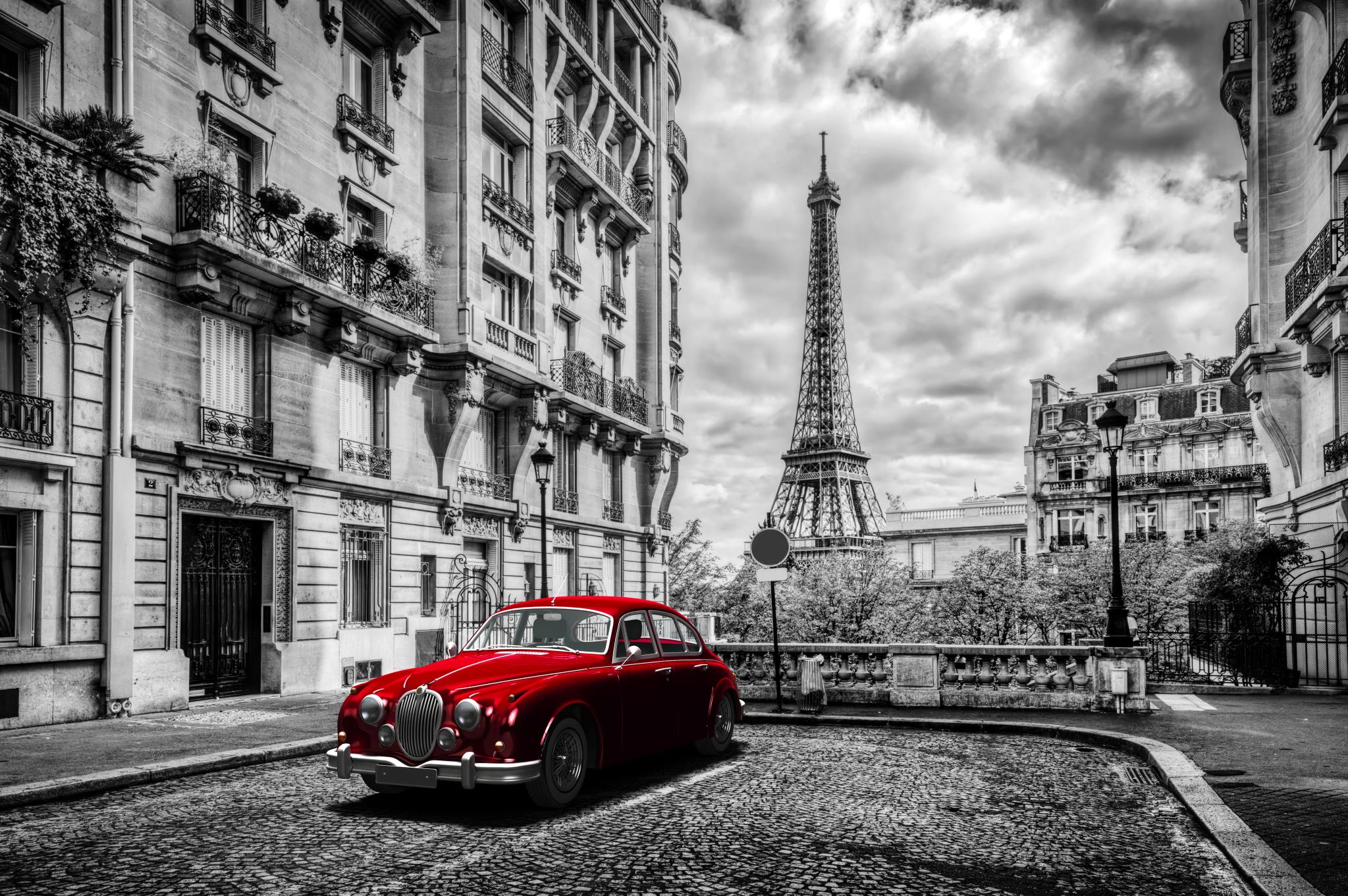 Red Car In Paris Giclee Canvas