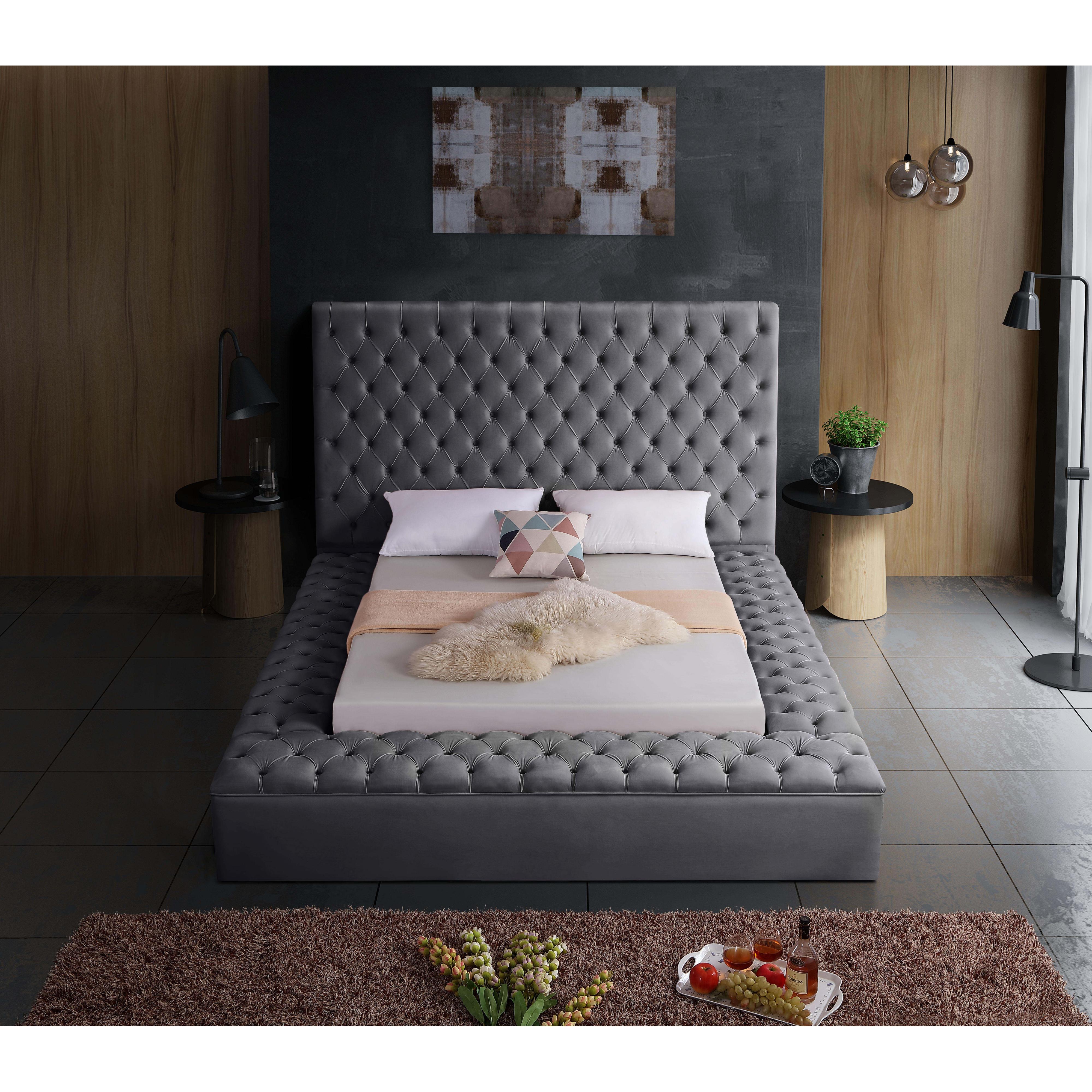 Meridian Bliss Grey Velvet Queen Bed (3 Boxes)