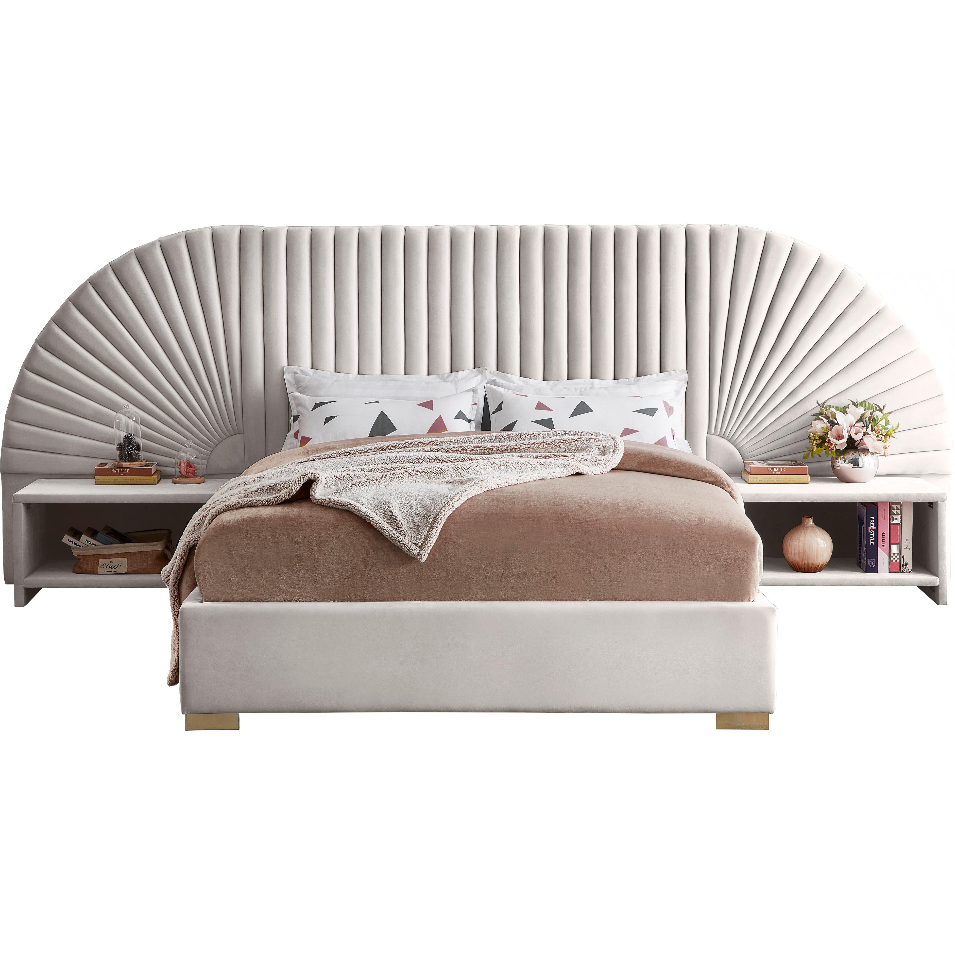 Meridian Cleo Cream Velvet Queen Bed (3 Boxes)