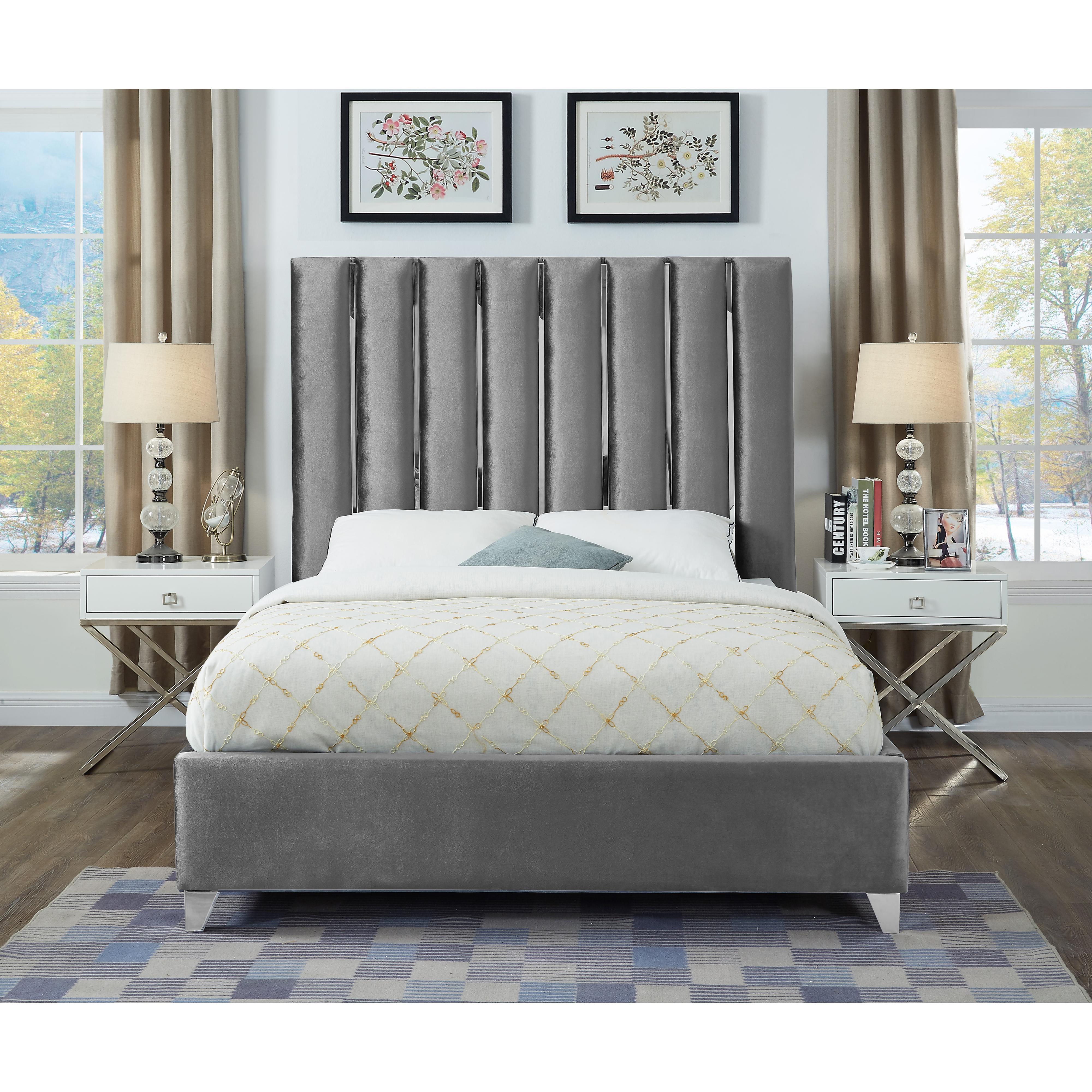 Meridian Enzo Grey Velvet Queen Bed
