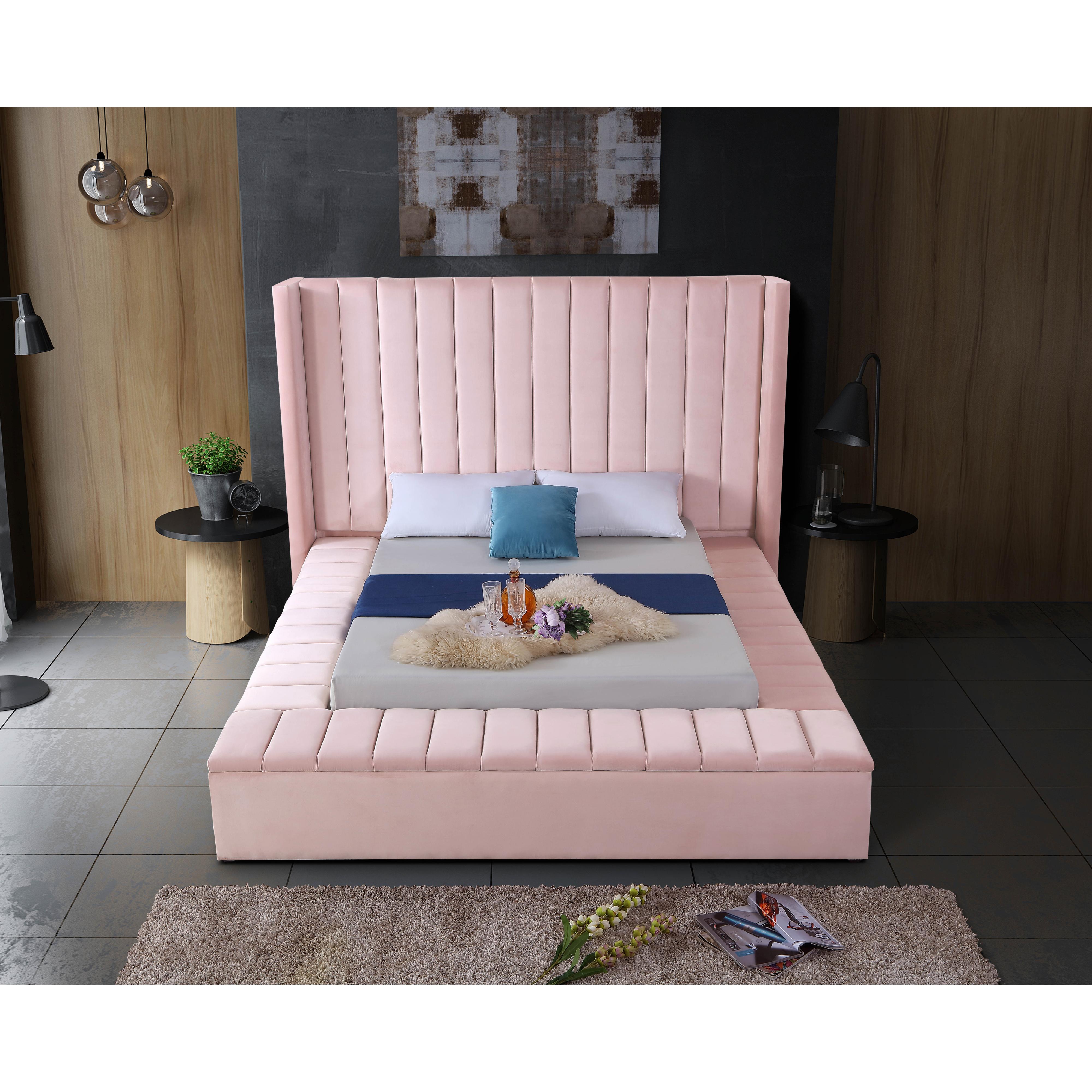 Meridian Kiki Pink Velvet King Bed (3 Boxes)