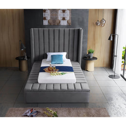 Meridian Kiki Grey Velvet Twin Bed (3 Boxes)