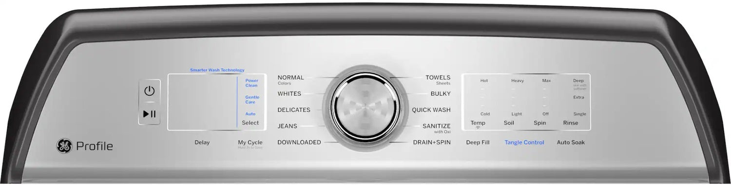 Package - GE Profile - 5.0 Cu. Ft. High Efficiency Smart Top Load Washer with Smarter Wash Technology, Easier Reach & Microban Technology and 7.4 Cu. Ft. Smart Electric Dryer with Sanitize Cycle and Sensor Dry - Diamond Gray