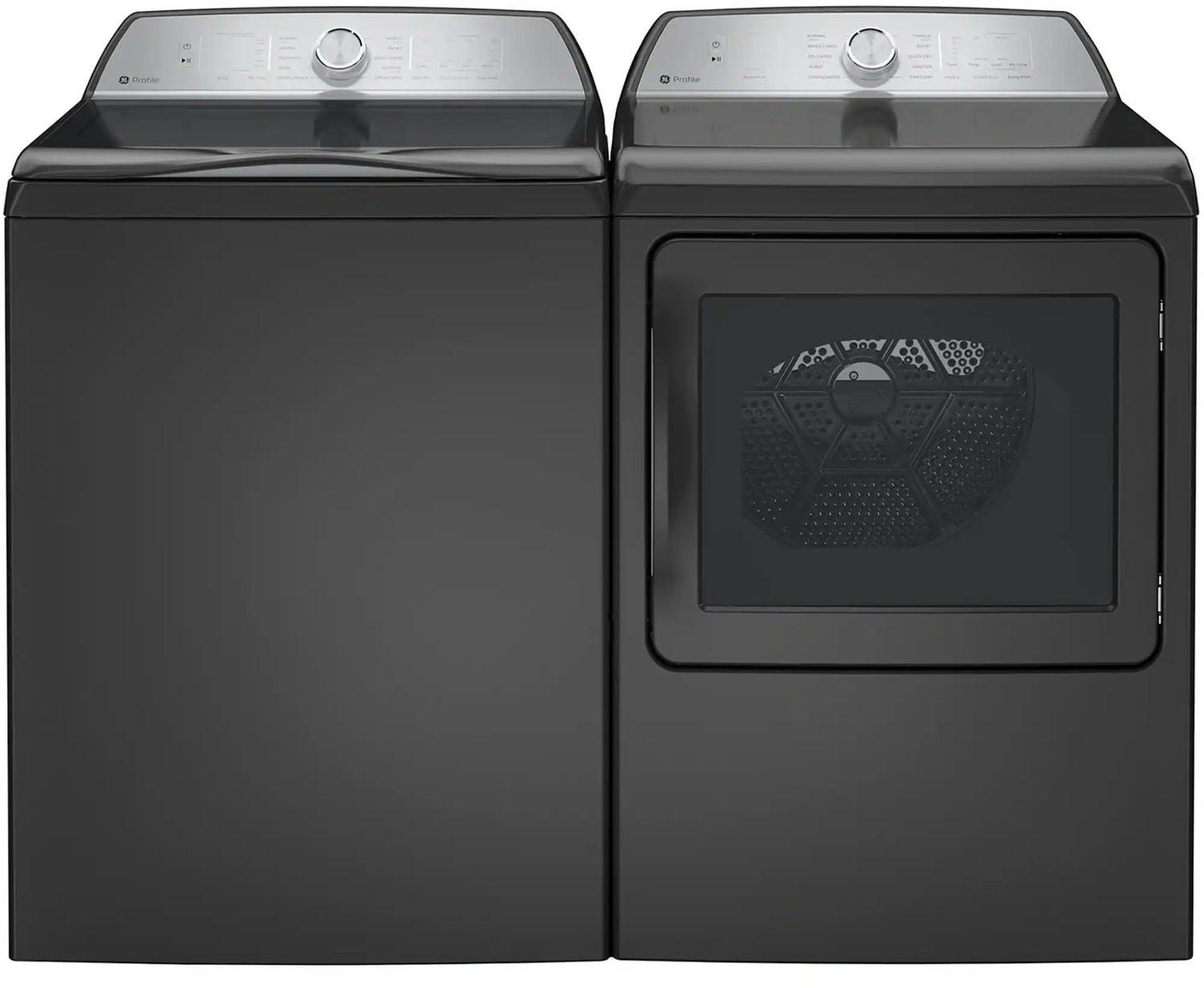 Package - GE Profile - 5.0 Cu. Ft. High Efficiency Smart Top Load Washer with Smarter Wash Technology, Easier Reach & Microban Technology and 7.4 Cu. Ft. Smart Electric Dryer with Sanitize Cycle and Sensor Dry - Diamond Gray