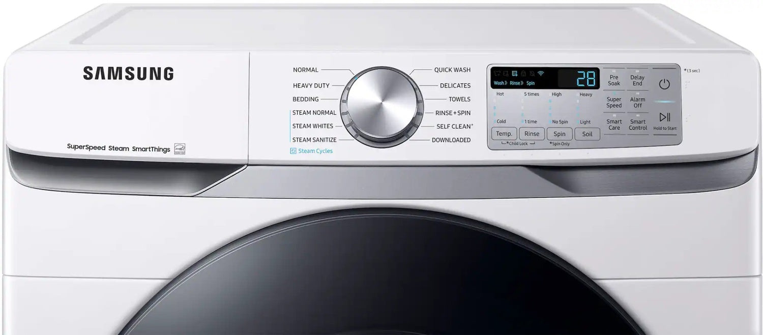 Package - Samsung - 4.5 Cu. Ft. High-Efficiency Stackable Smart Front Load Washer with Steam and Super Speed Wash and 7.5 Cu. Ft. Stackable Smart Electric Dryer with Steam Sanitize+ - White