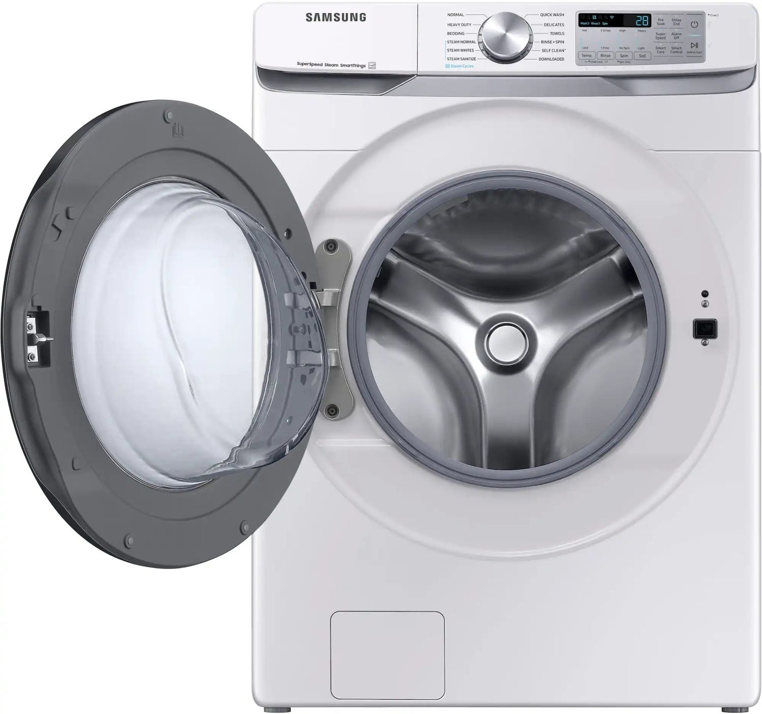 Package - Samsung - 4.5 Cu. Ft. High-Efficiency Stackable Smart Front Load Washer with Steam and Super Speed Wash and 7.5 Cu. Ft. Stackable Smart Electric Dryer with Steam Sanitize+ - White