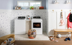 Package - GE - 4.5 Cu. Ft. Top Load Washer with Water Level Control, Deep Fill, Quick Wash, and Glass Lid and 7.4 Cu. Ft. Front Load Electric Dryer with Sensor Dry - White with Matte Black
