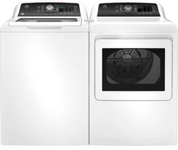 Package - GE - 4.5 Cu. Ft. Top Load Washer with Water Level Control, Deep Fill, Quick Wash, and Glass Lid and 7.4 Cu. Ft. Front Load Electric Dryer with Sensor Dry - White with Matte Black