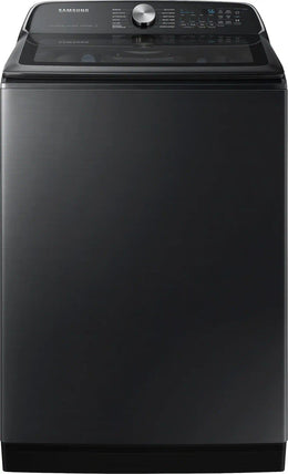 Package - Samsung - 5.5 Cu. Ft. High-Efficiency Smart Top Load Washer with Super Speed Wash - Brushed Black and 7.4 Cu. Ft. Smart Electric Dryer with Steam Sanitize+ - Black