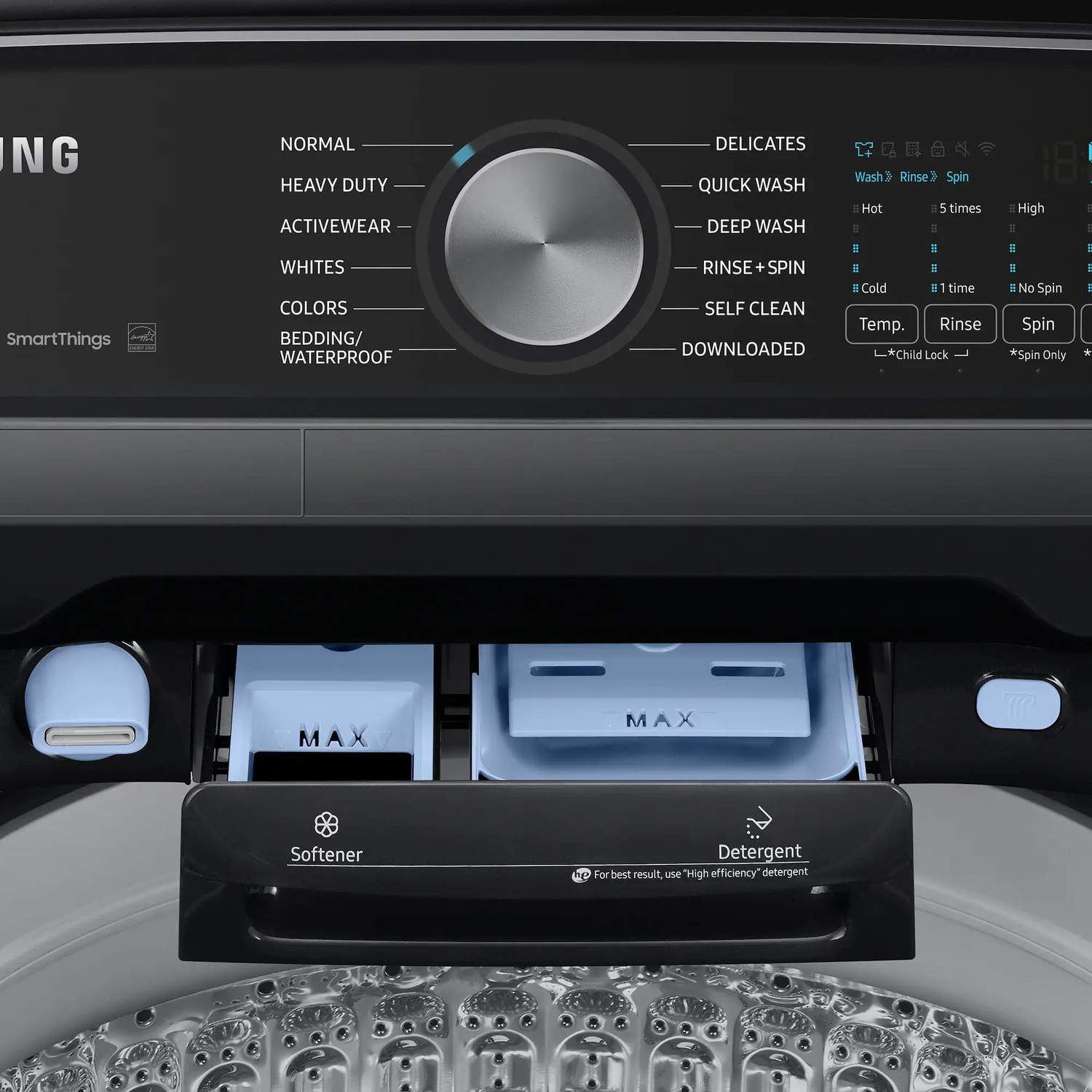 Package - Samsung - 5.5 Cu. Ft. High-Efficiency Smart Top Load Washer with Super Speed Wash - Brushed Black and 7.4 Cu. Ft. Smart Electric Dryer with Steam Sanitize+ - Black