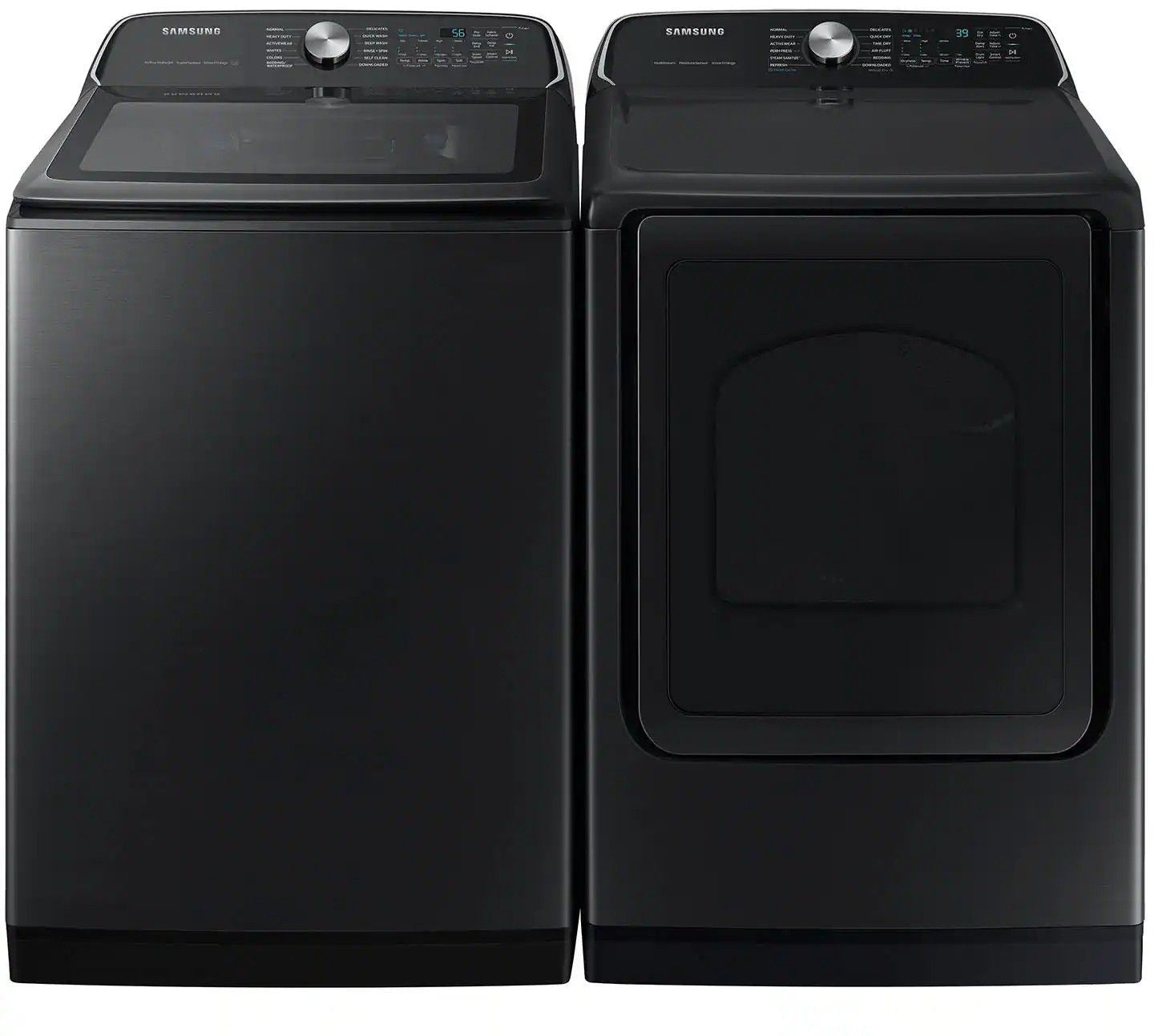 Package - Samsung - 5.5 Cu. Ft. High-Efficiency Smart Top Load Washer with Super Speed Wash - Brushed Black and 7.4 Cu. Ft. Smart Electric Dryer with Steam Sanitize+ - Black