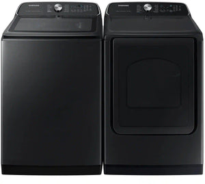 Package - Samsung - 5.5 Cu. Ft. High-Efficiency Smart Top Load Washer with Super Speed Wash - Brushed Black and 7.4 Cu. Ft. Smart Electric Dryer with Steam Sanitize+ - Black