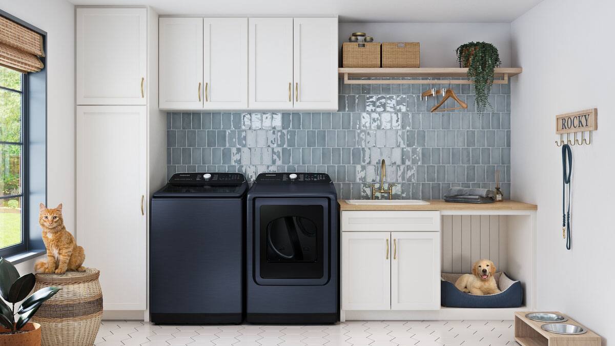 Package - Samsung - 5.4 Cu. Ft. High-Efficiency Smart Top Load Washer with Pet Care Solution and 7.4 Cu. Ft. Smart Gas Dryer with Steam and Pet Care Dry - Brushed Navy