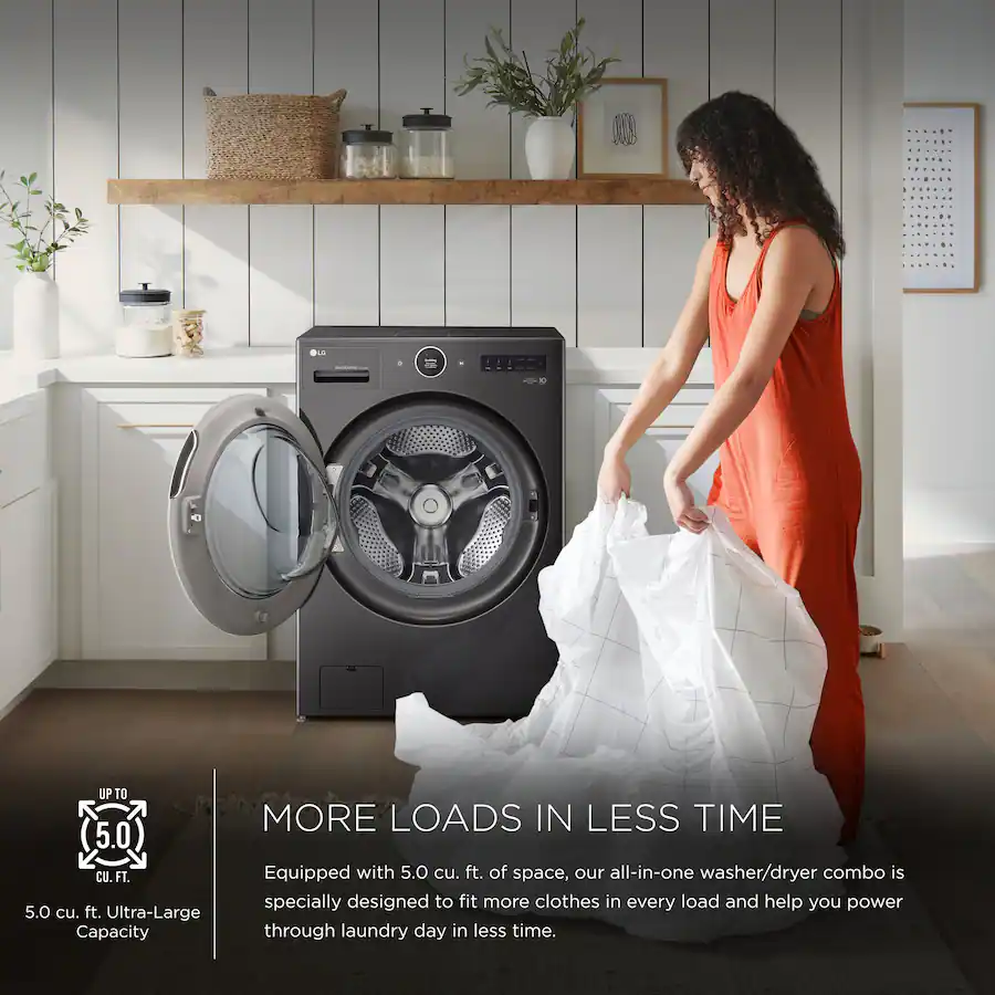 LG - 5.0 Cu. Ft. HE Smart Mega Capacity All-in-One Electric Washer/Dryer WashCombo with Steam and Ventless Inverter Heat Pump - Black Steel
