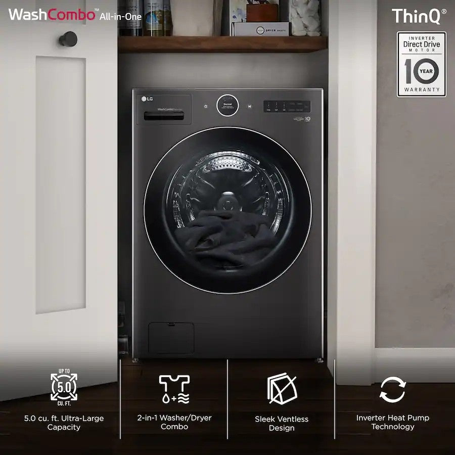 LG - 5.0 Cu. Ft. HE Smart Mega Capacity All-in-One Electric Washer/Dryer WashCombo with Steam and Ventless Inverter Heat Pump - Black Steel