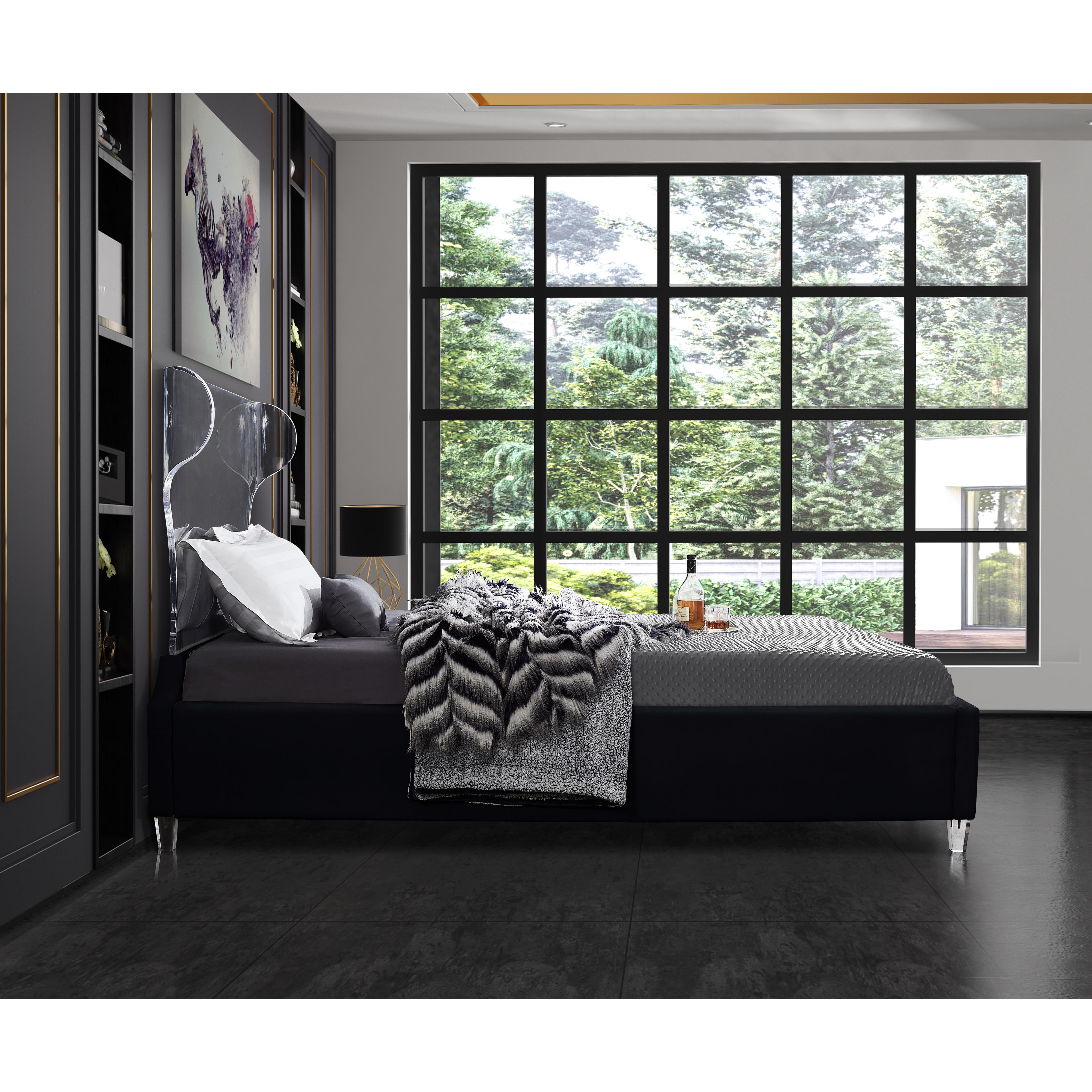 Meridian Ghost Black Velvet Queen Bed