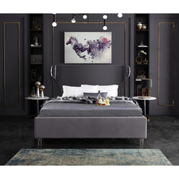 Meridian Ghost Grey Velvet Queen Bed