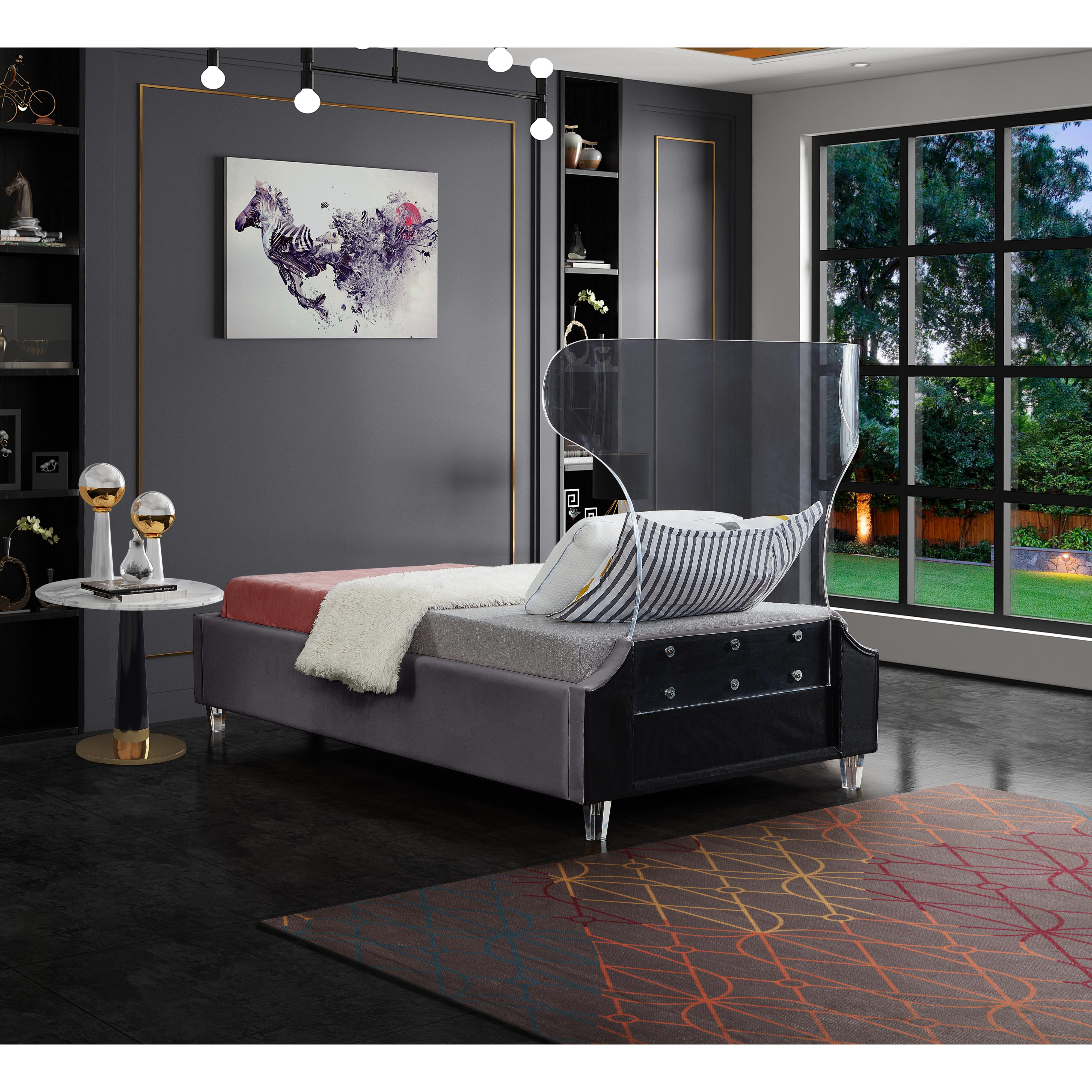 Meridian Ghost Grey Velvet Twin Bed