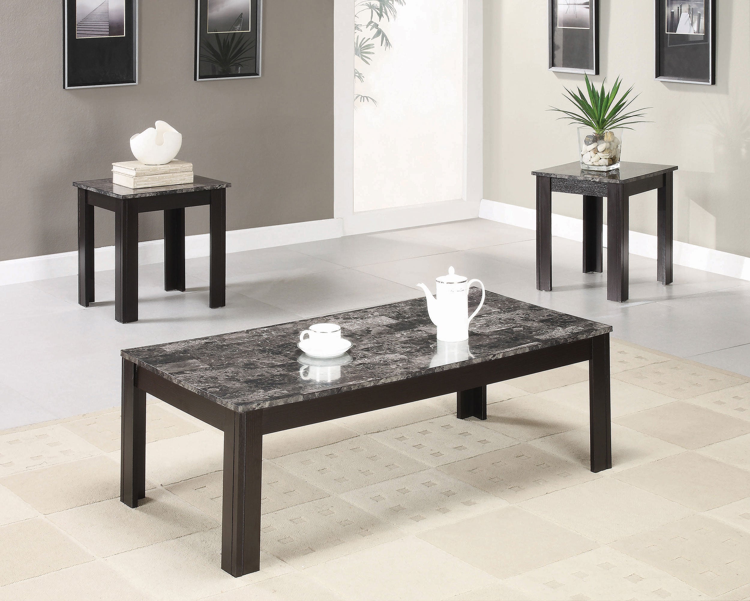 Rhodes  Faux Marble Top Coffee Table Set Brown