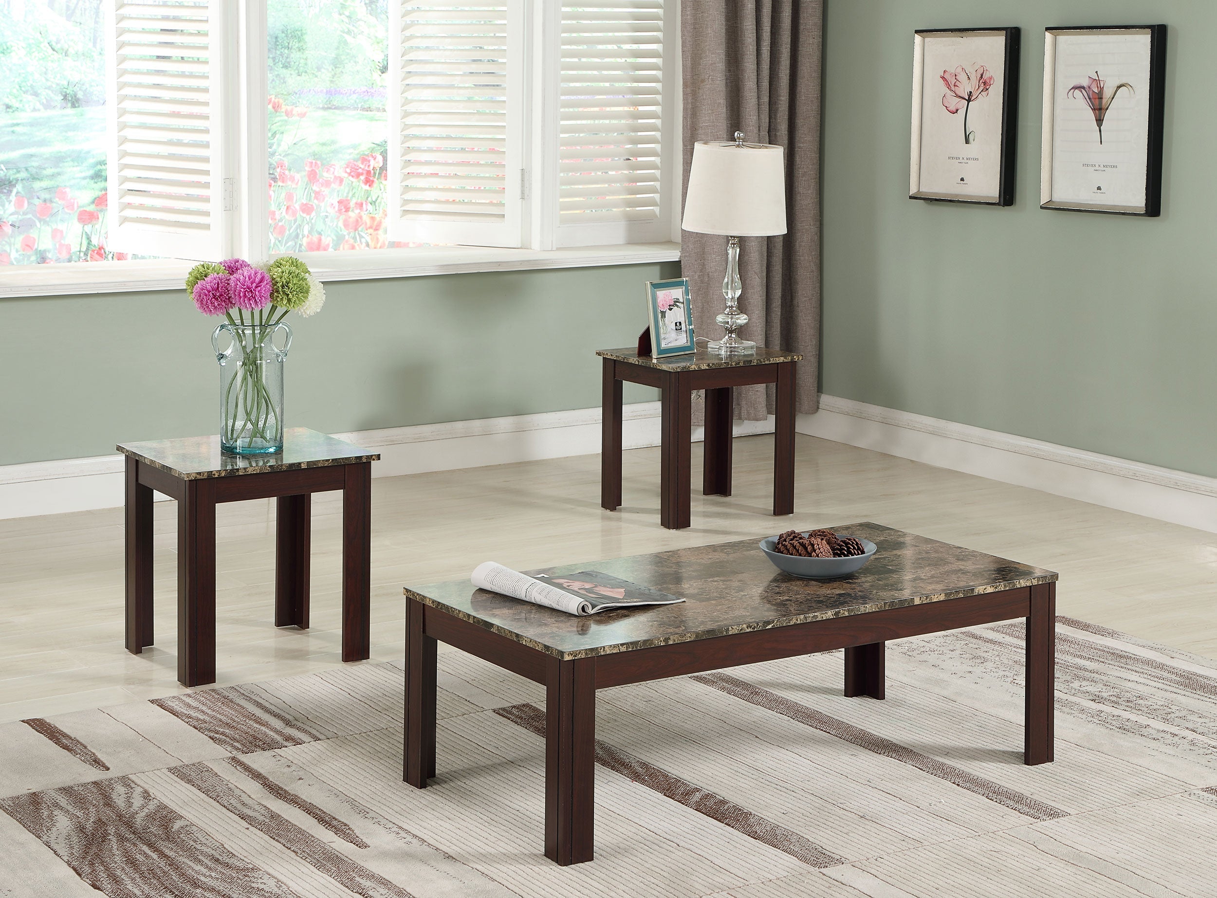 Rhodes  Faux Marble Top Coffee Table Set Brown