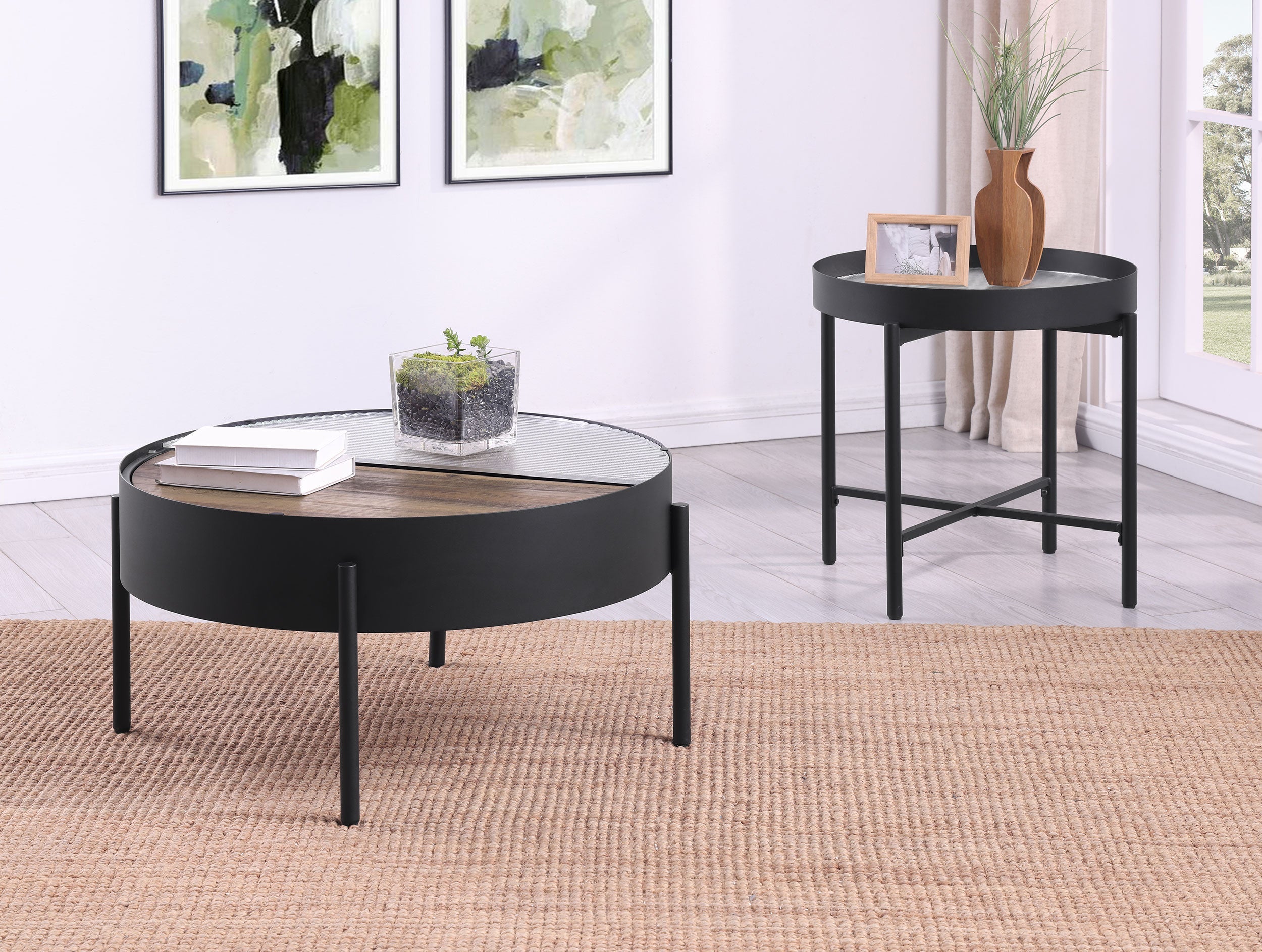 Ozella  Round Coffee and End Table Set Sandy Black