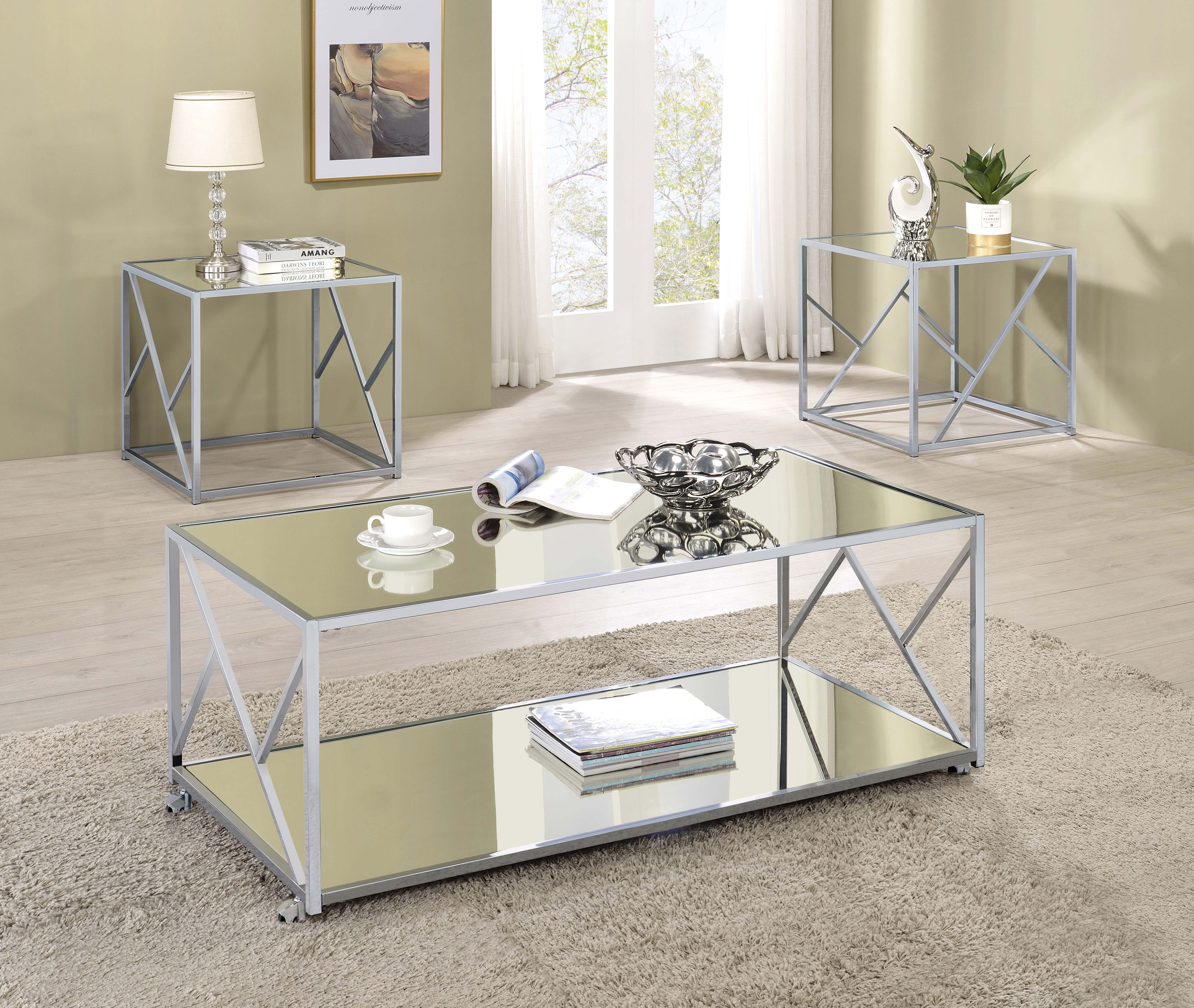 Provins  Coffee and End Table Set Mirror and Chrome