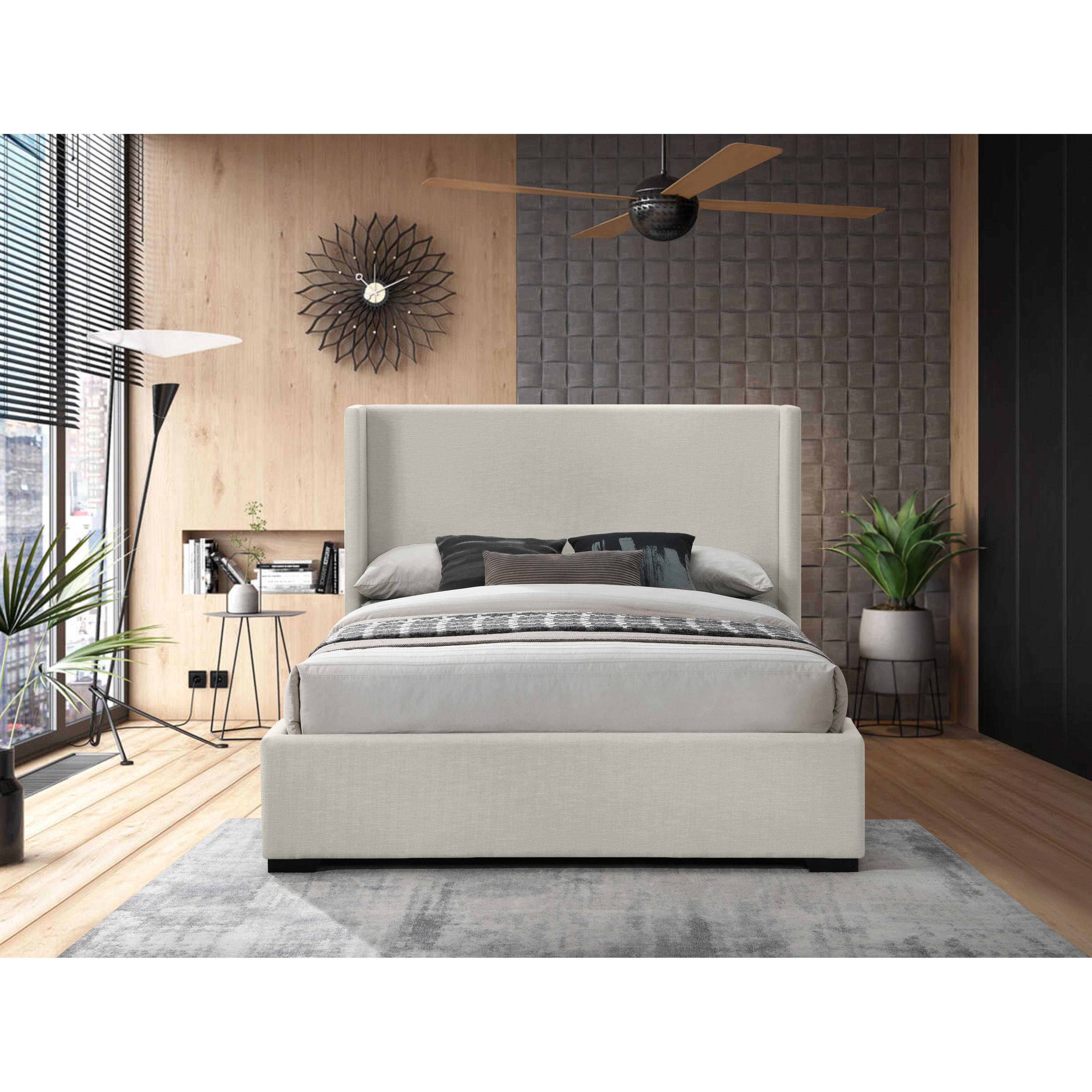 Meridian Oxford Beige Linen Textured Fabric Queen Bed (3 Boxes)
