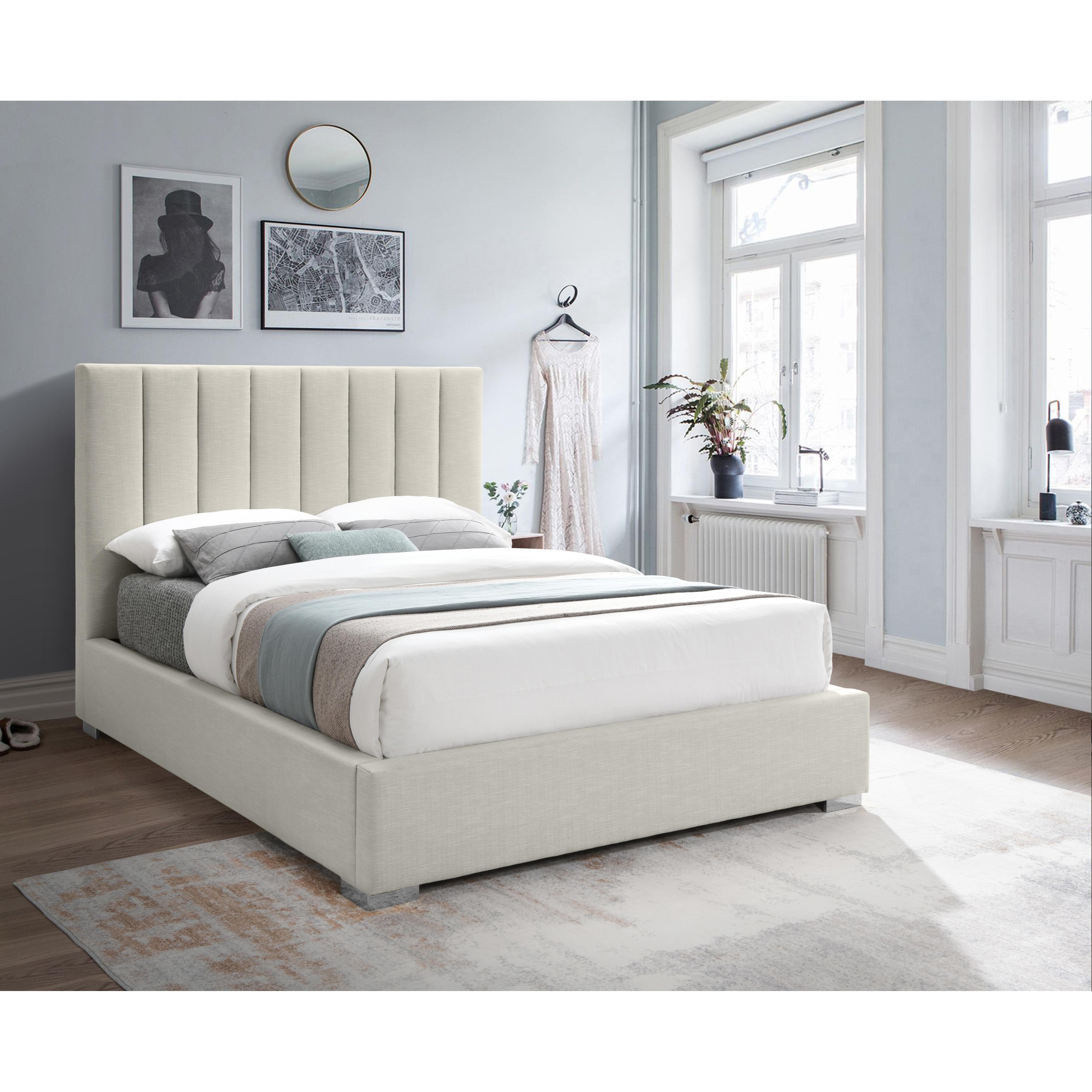 Meridian Pierce Beige Linen Textured Fabric King Bed