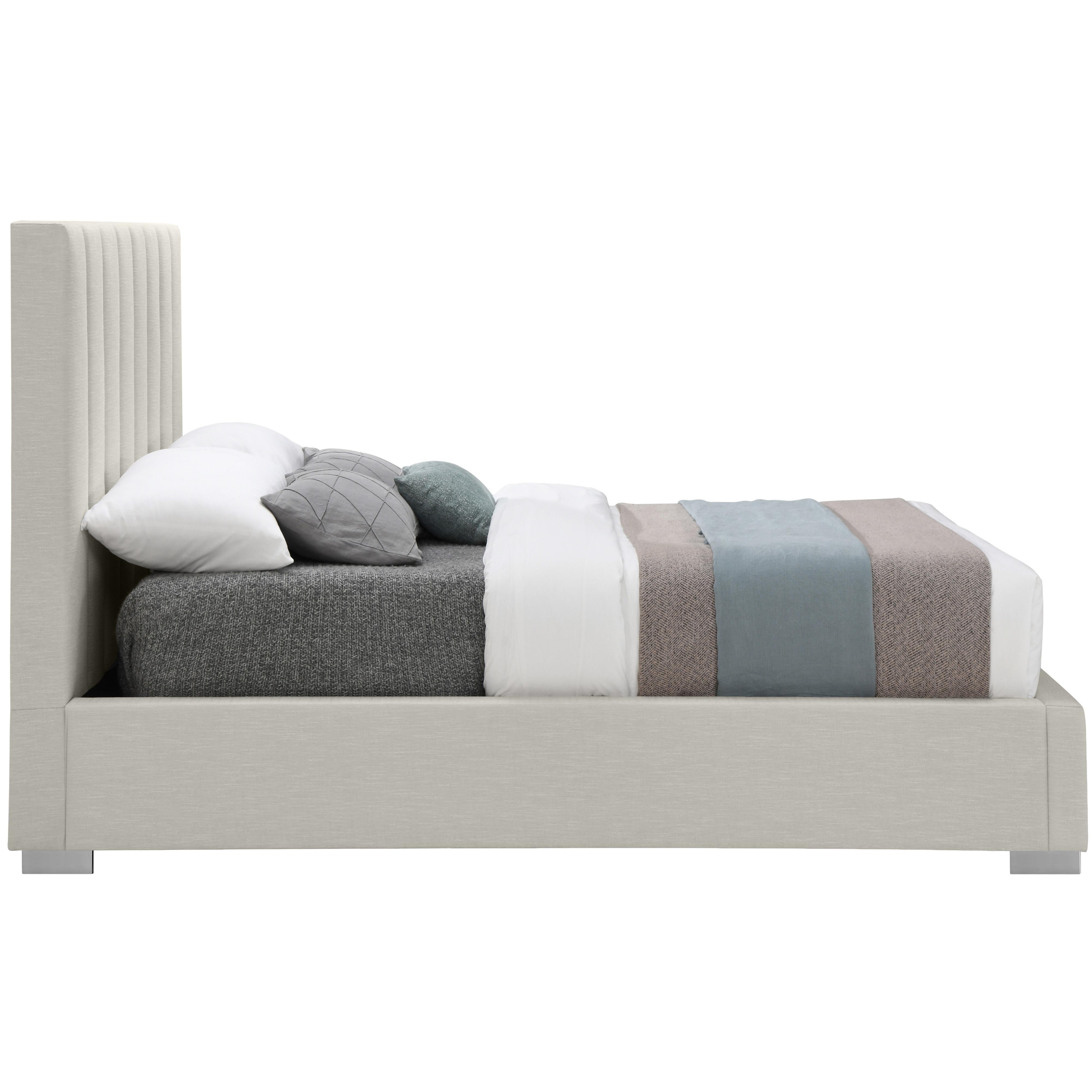 Meridian Pierce Beige Linen Textured Fabric Queen Bed