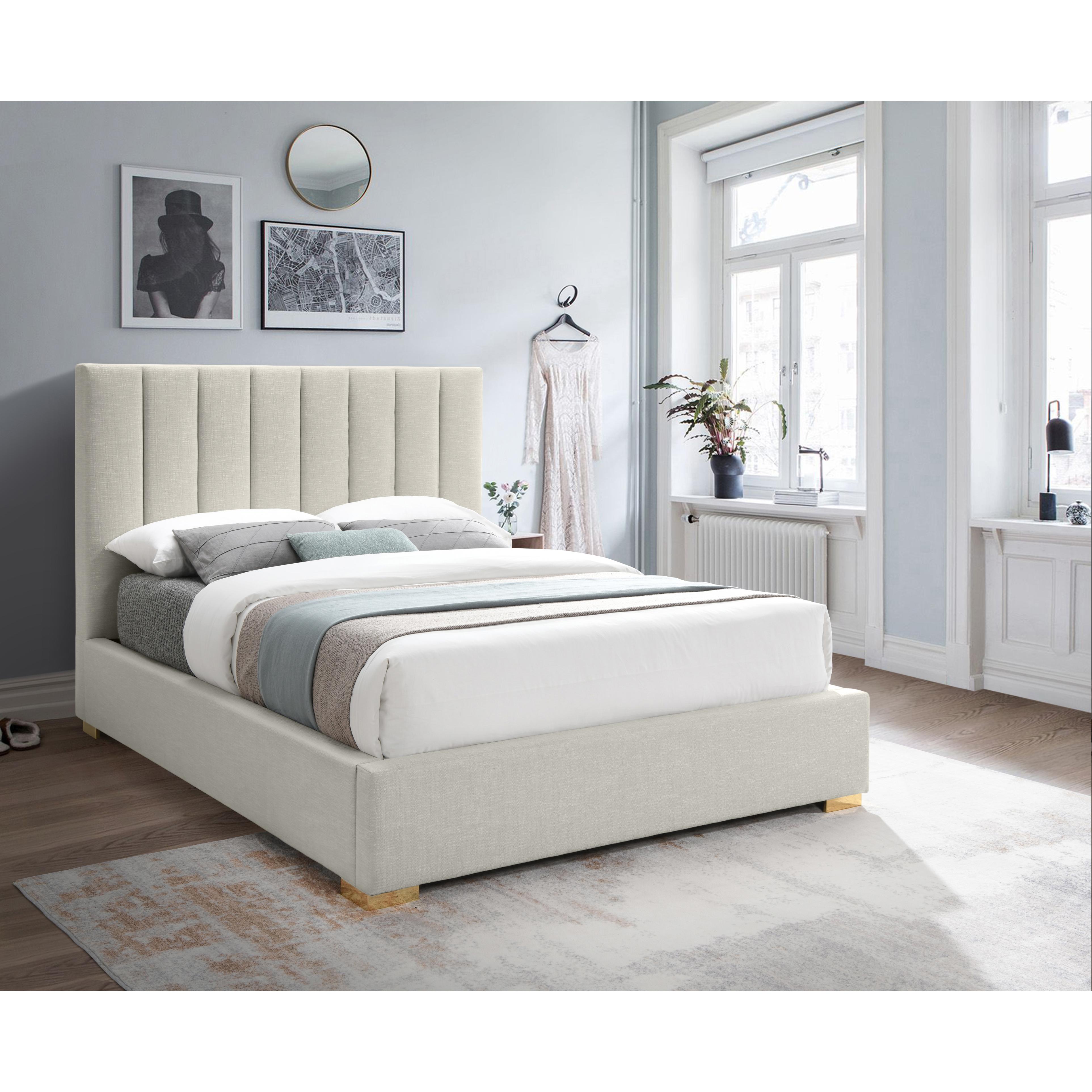 Meridian Pierce Beige Linen Textured Fabric Queen Bed