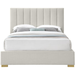 Meridian Pierce Beige Linen Textured Fabric Queen Bed
