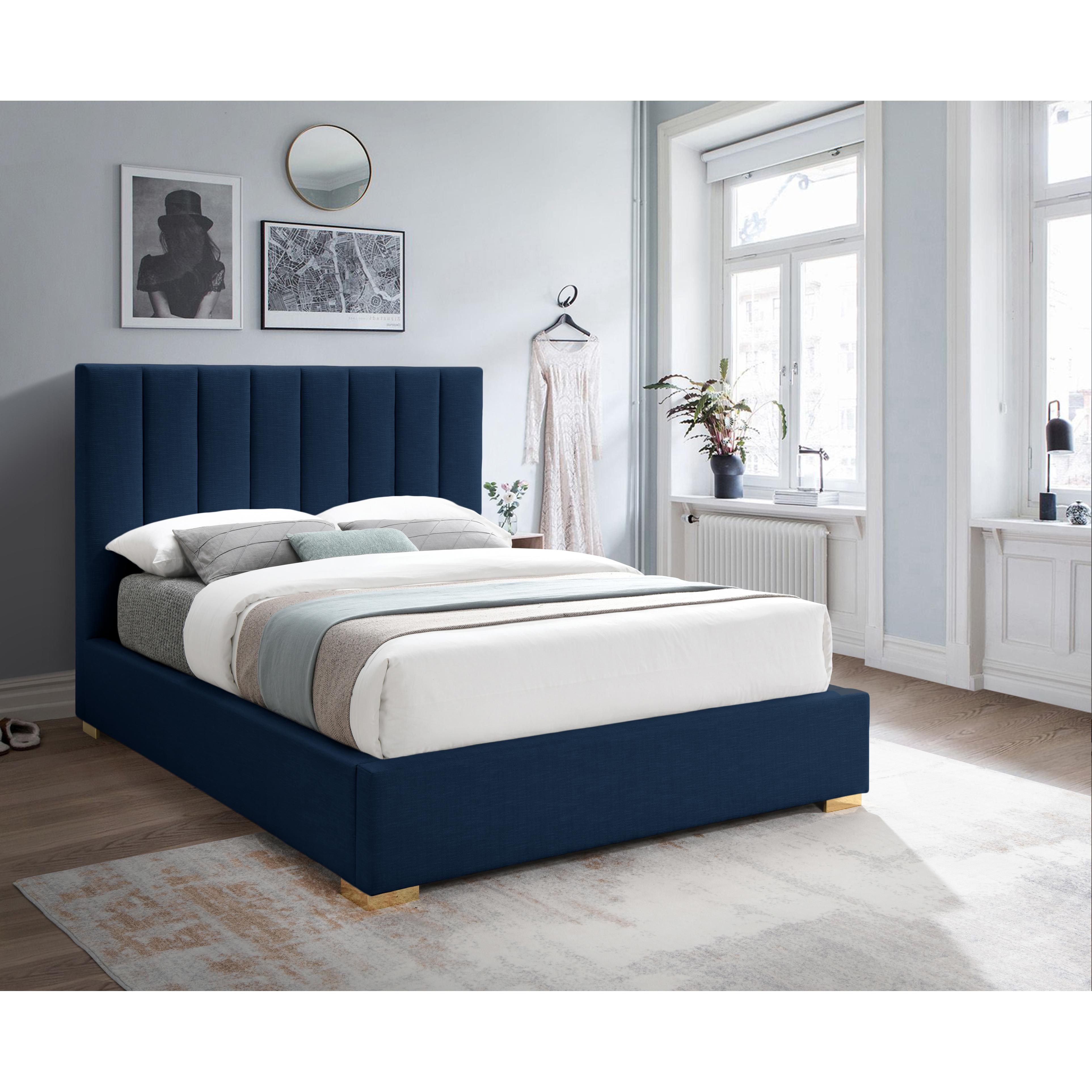 Meridian Pierce Navy Linen Textured Fabric King Bed