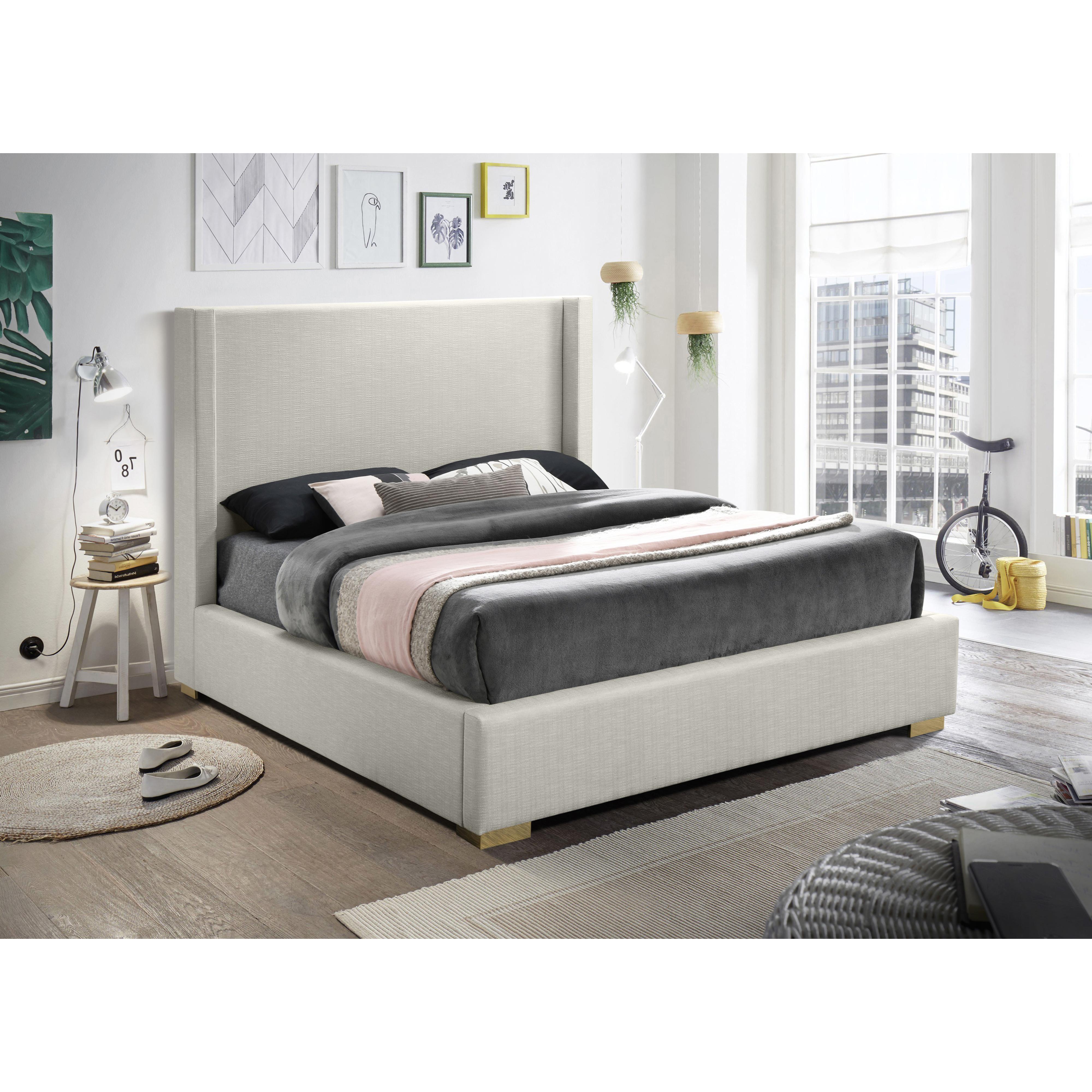 Meridian Royce Beige Linen Textured Fabric King Bed (3 Boxes)