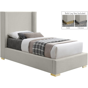 Meridian Royce Beige Linen Textured Fabric Twin Bed (3 Boxes)