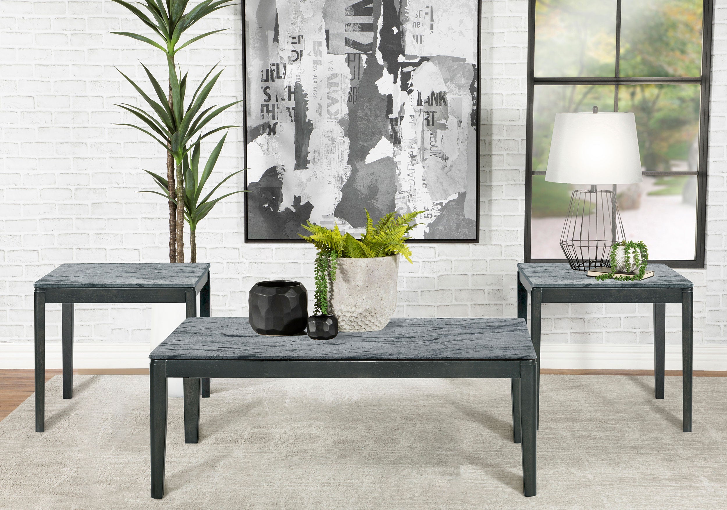 Mozzi  Coffee and End Table Set Grey Faux Marble