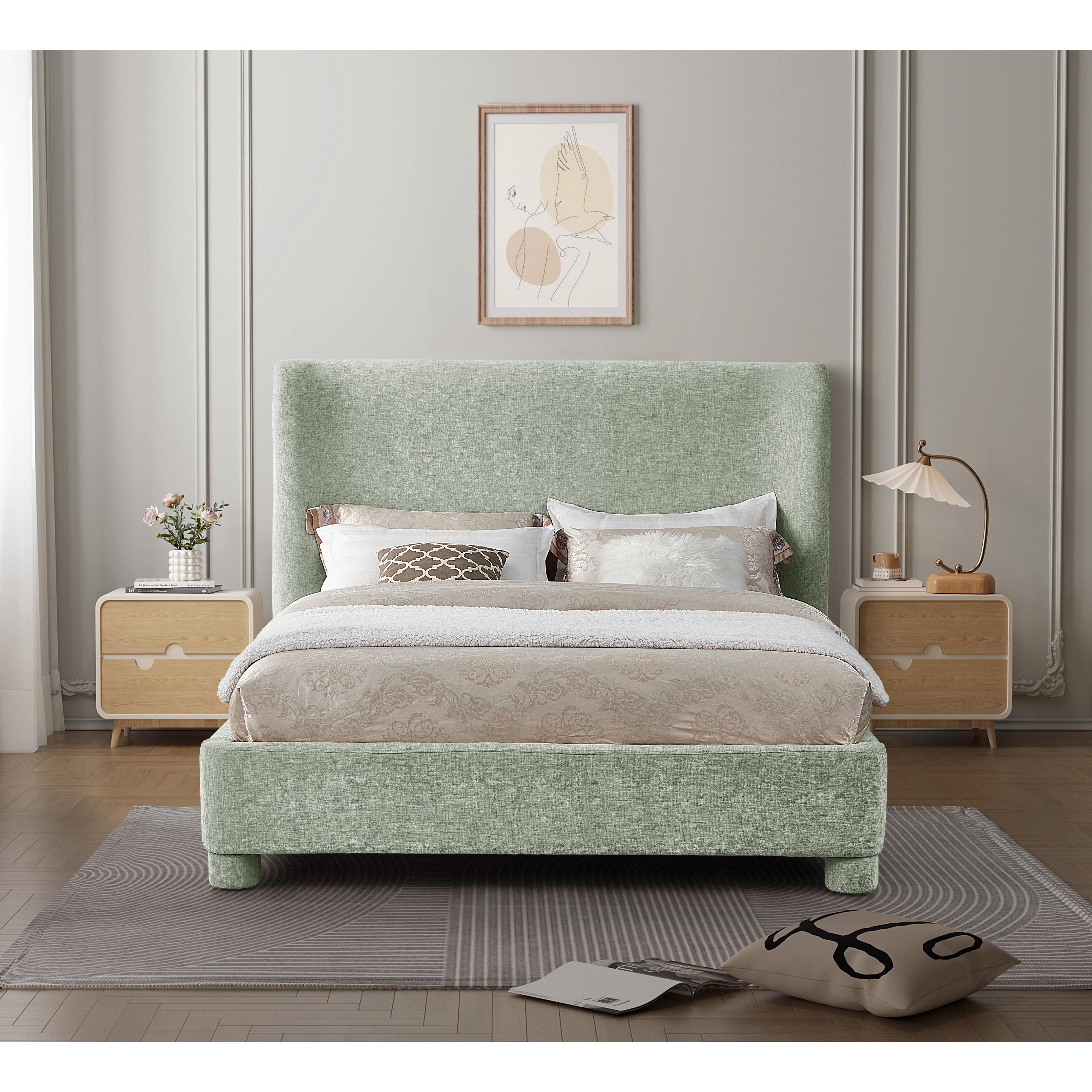 Meridian Penny Mint Green Chenille Fabric King Bed