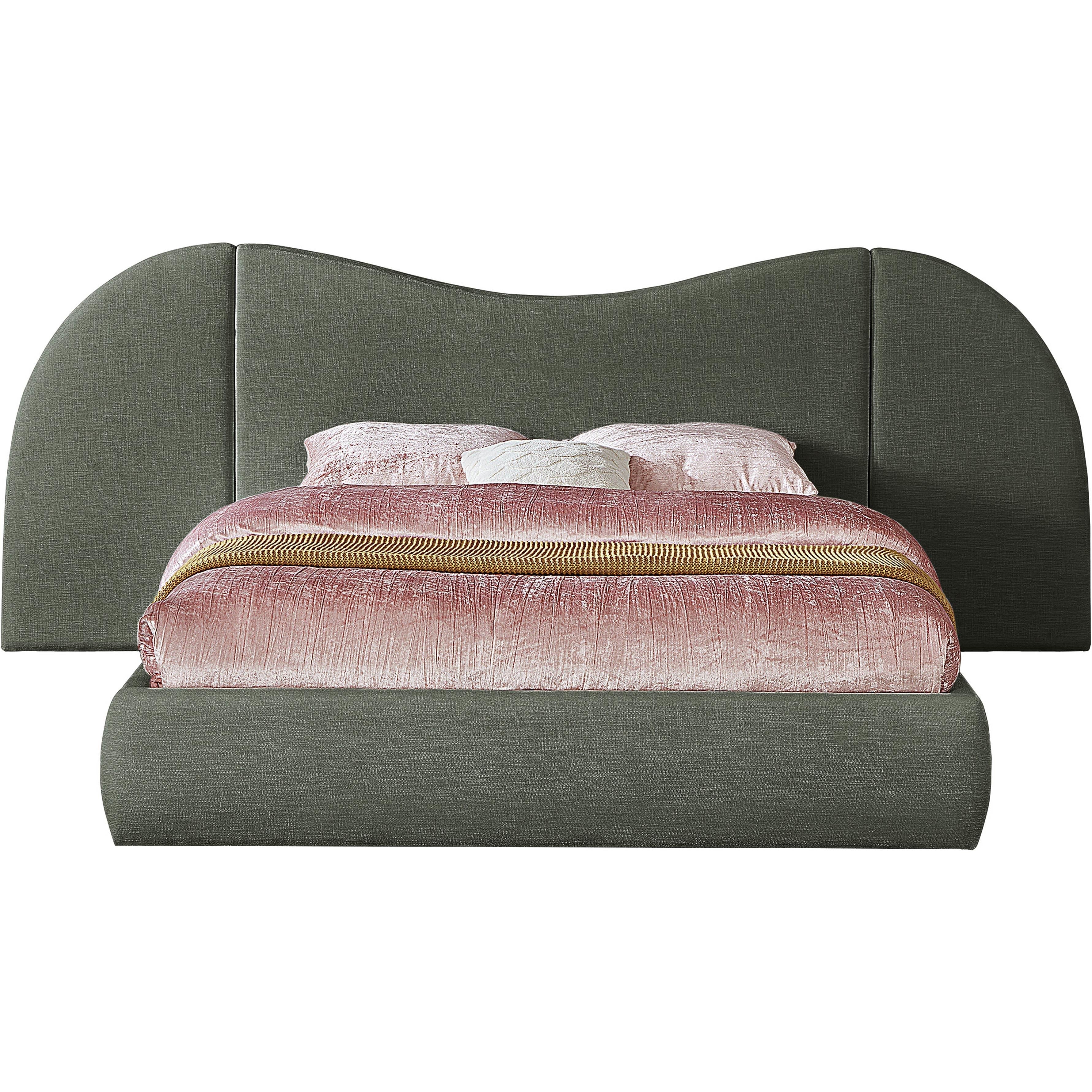 Meridian Everest Olive Green Linen Textured Fabric King Bed (3 Boxes)