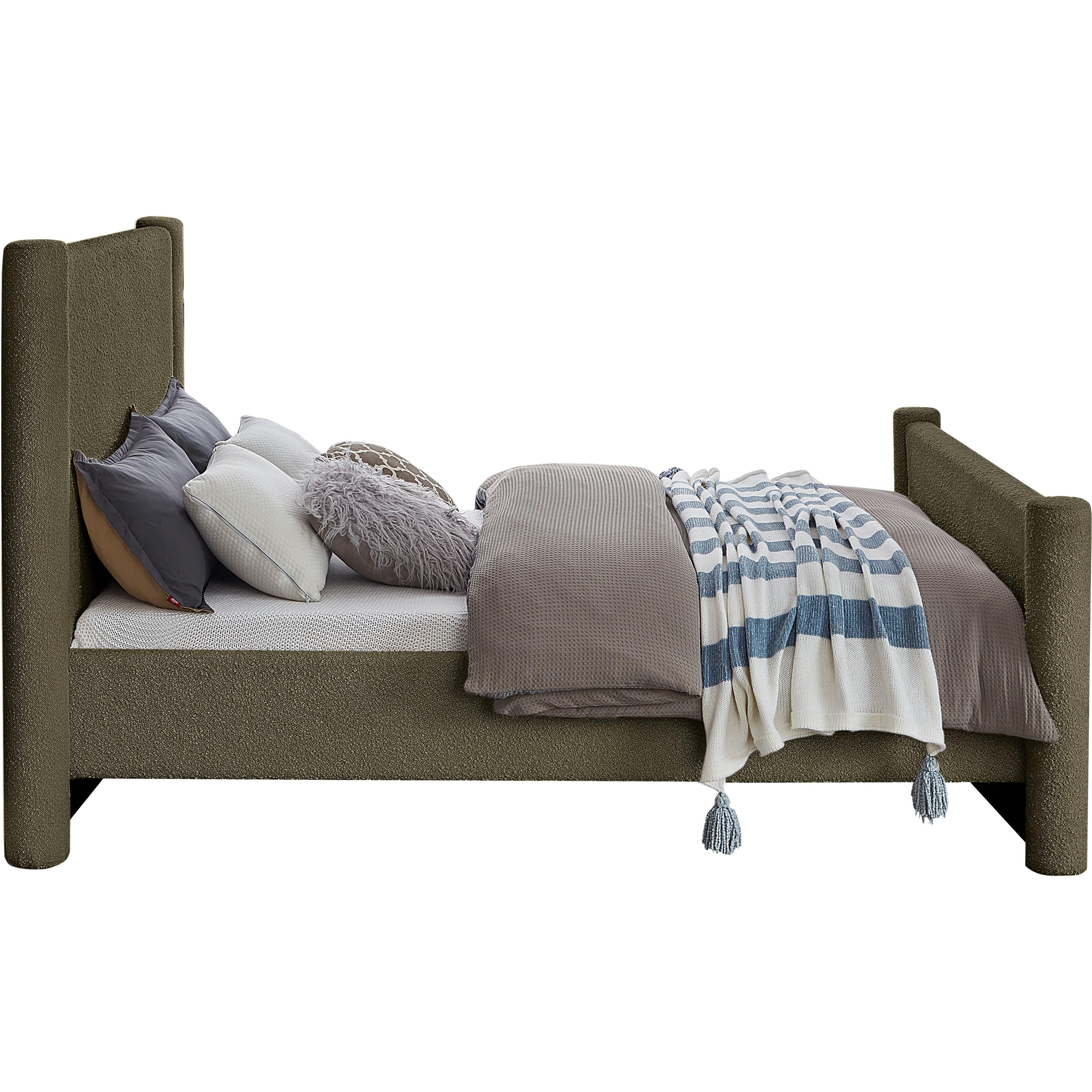Meridian Elias Olive Green Boucle Fabric Full Bed