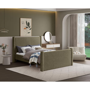 Meridian Elias Olive Green Boucle Fabric Queen Bed