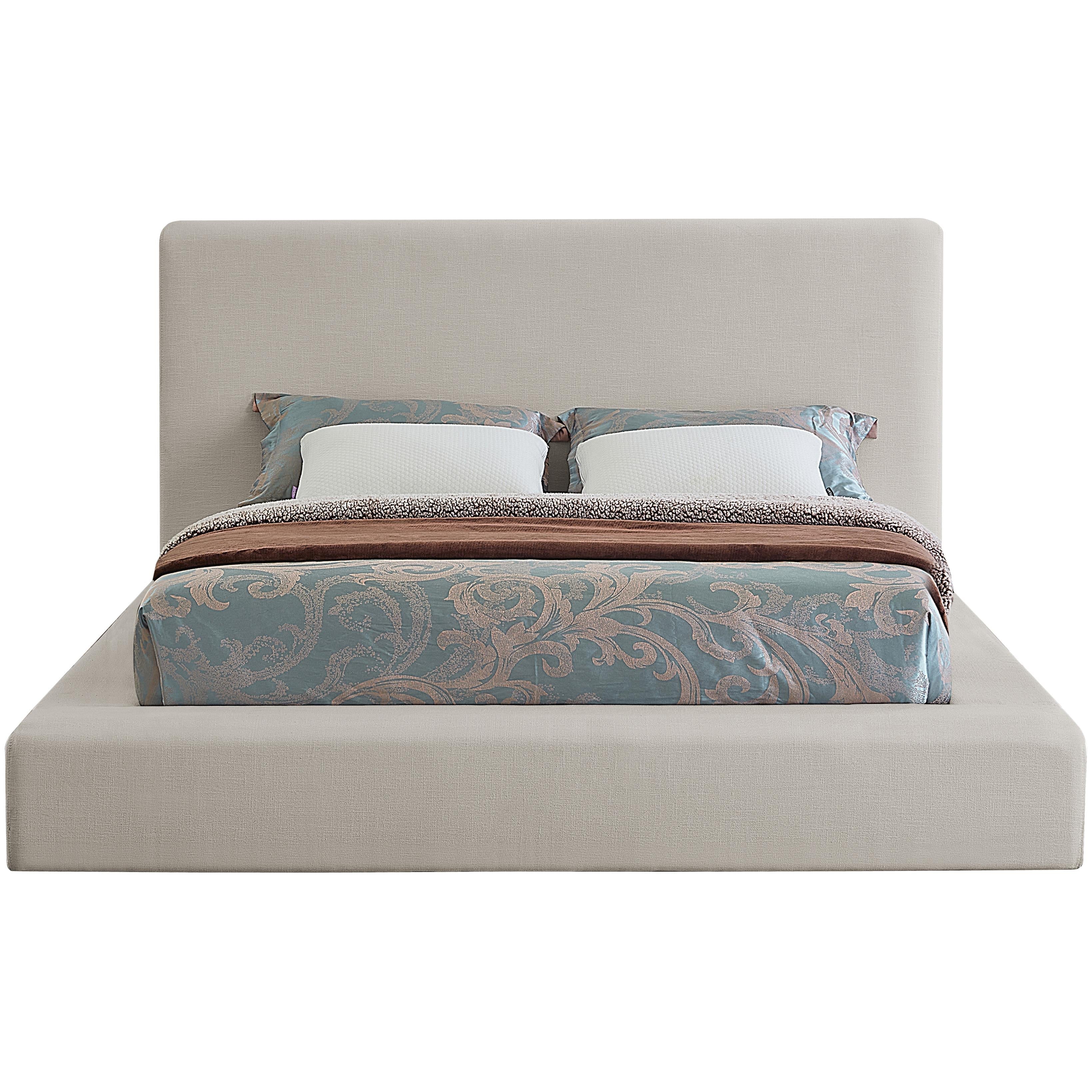 Meridian Devin Beige Linen Textured Fabric Queen Bed