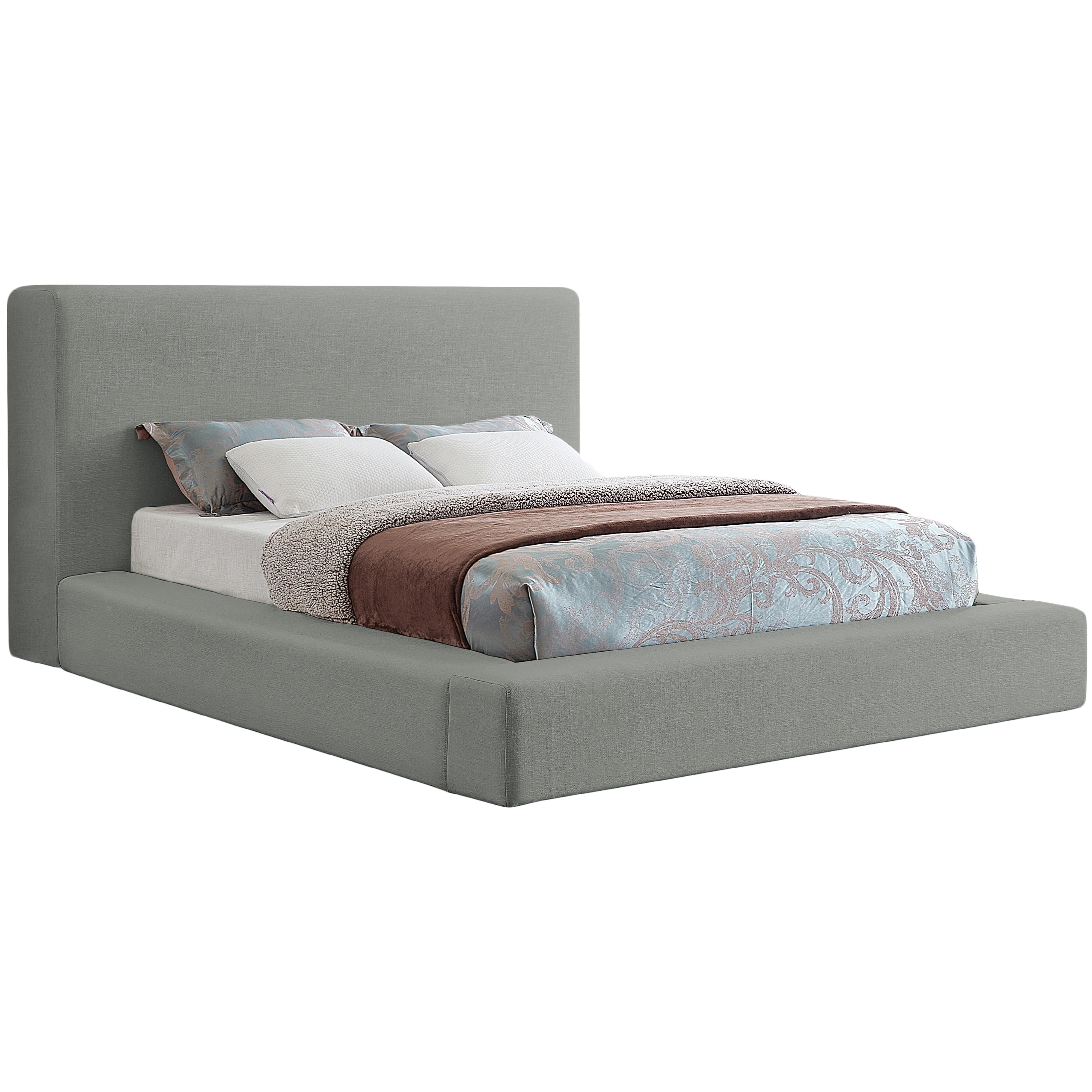 Meridian Devin Grey Linen Textured Fabric Queen Bed