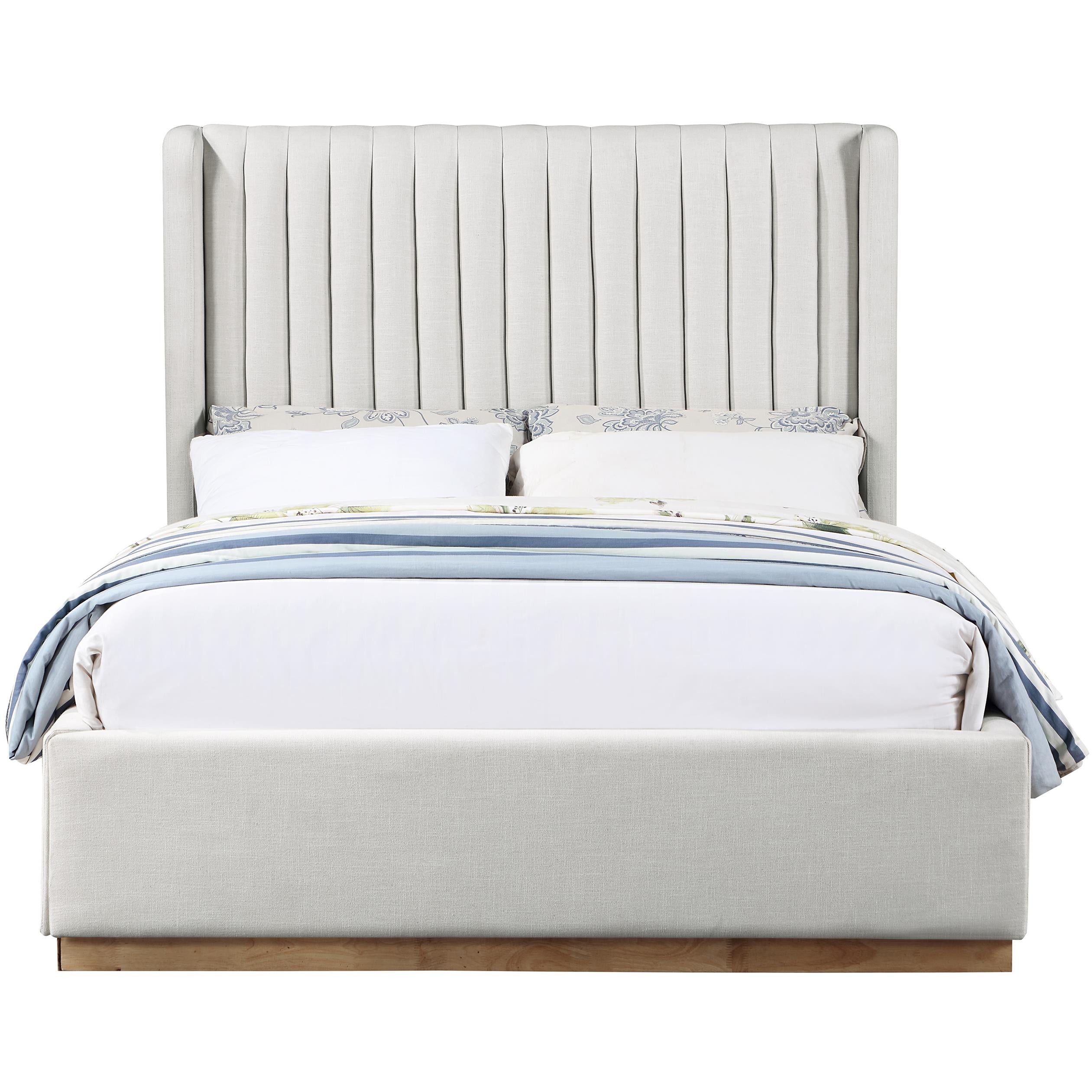 Meridian Logan Cream Linen Textured Fabric Queen Bed