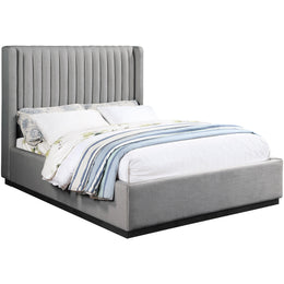 Meridian Logan Grey Linen Textured Fabric Queen Bed